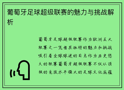 葡萄牙足球超级联赛的魅力与挑战解析