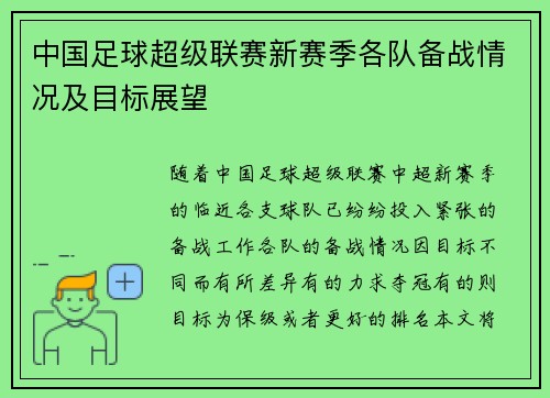 中国足球超级联赛新赛季各队备战情况及目标展望